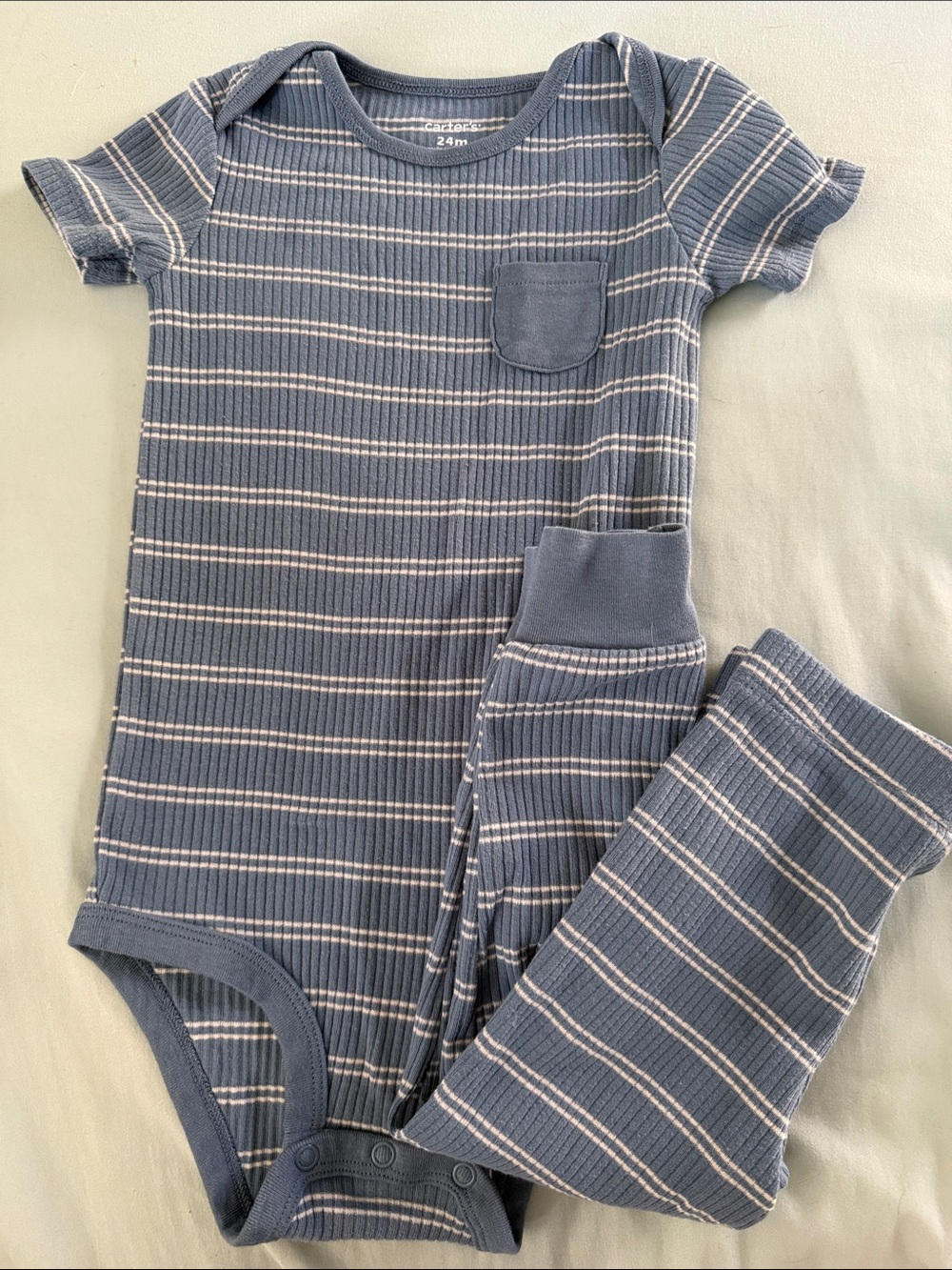 Carter's Blue and White Striped Ribbed One-Piece Bodysuit with Pocket